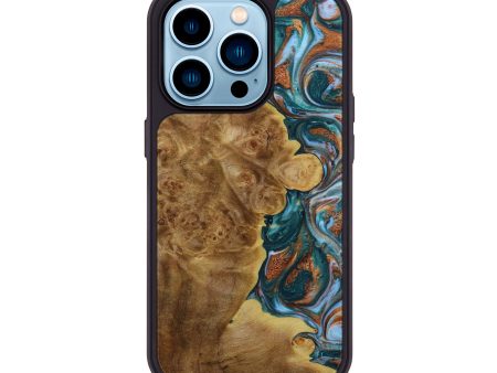 iPhone 14 Pro Wood+Resin Phone Case - Breanna (Teal & Gold, 648612) Fashion