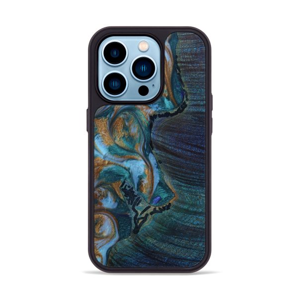 iPhone 14 Pro Wood+Resin Phone Case - Alta (Teal & Gold, 647501) Online now