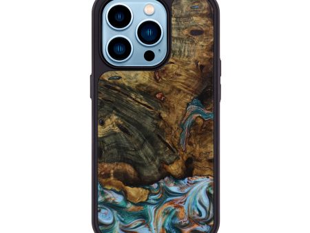 iPhone 14 Pro Wood+Resin Phone Case - Shana (Teal & Gold, 648605) Supply