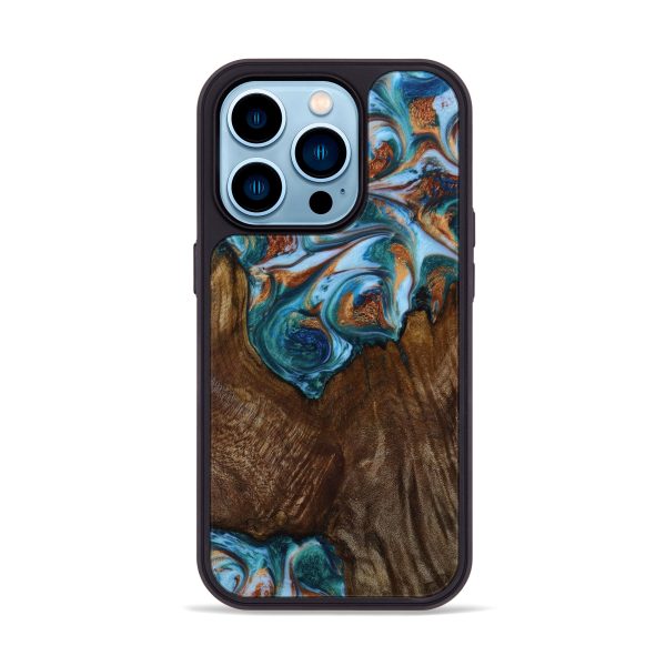 iPhone 14 Pro Wood+Resin Phone Case - Beverly (Teal & Gold, 648620) Online Hot Sale